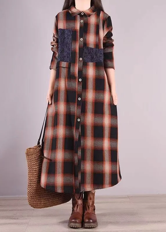 Coffee Plaid Warm Fleece Shirts Dresses Peter Pan Collar Button Fall