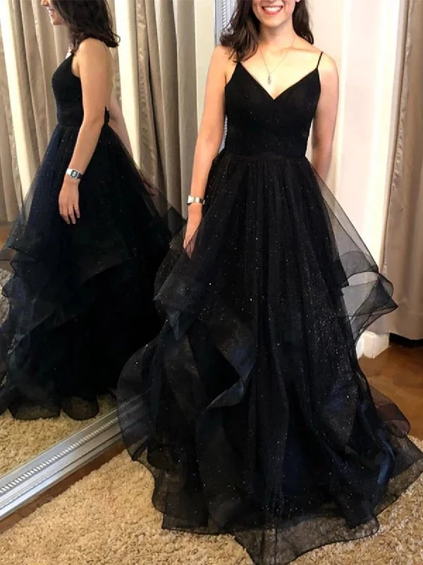 A Line V Neck Backless Sequins Black Long Prom Dresses, Backless Black Formal Dresses, Black Evening Dresses