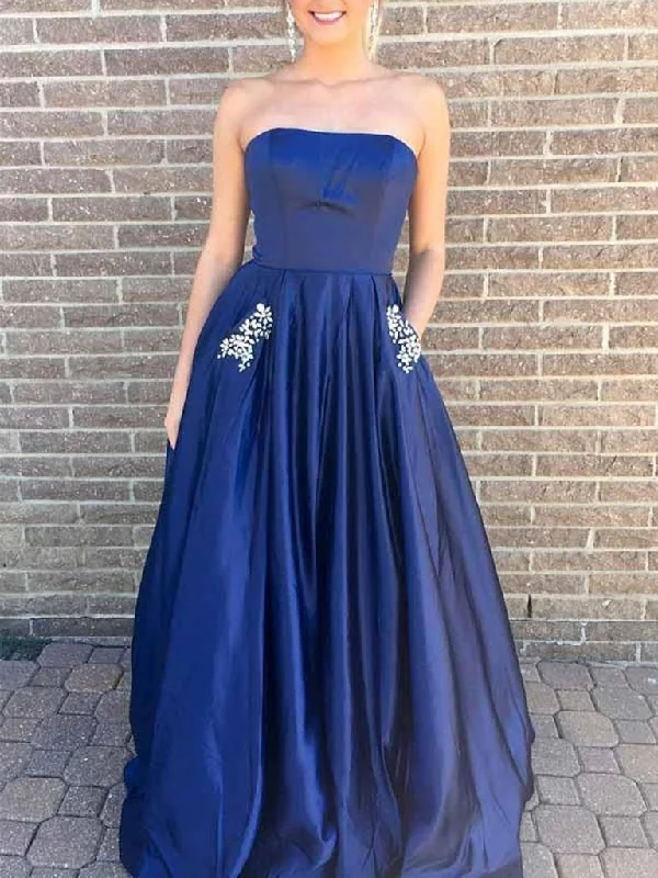 A-Line Strapless Blue Prom Dress with Beading Pockets, Green Formal Dress, Blue Evening Dress