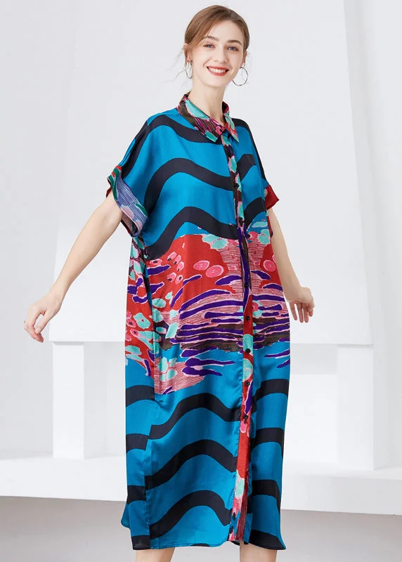 Unique Blue Oversized Print Chiffon Shirt Dress Summer