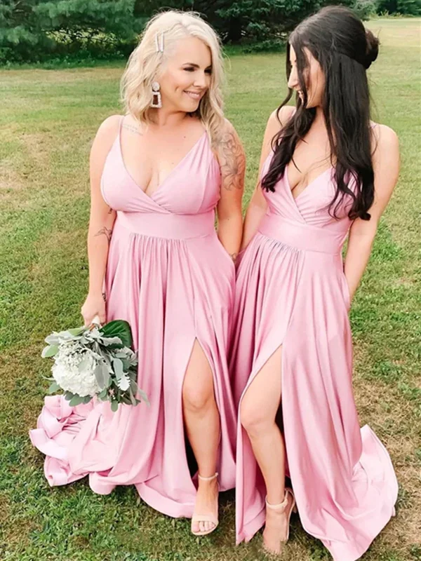 A Line V Neck Pink Long Prom Dresses with High Slit, V Neck Pink Formal Graduation Bridesmaid Dresses, Pink Evening Dresses SP2367