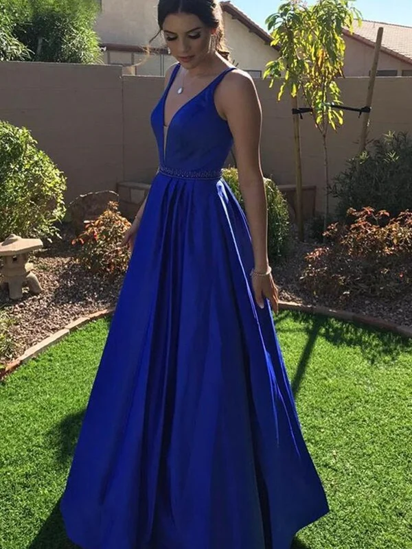 A Line V Neck Royal Blue Satin Long Prom Dresses, Long Royal Blue Formal Graduation Evening Dresses SP2133