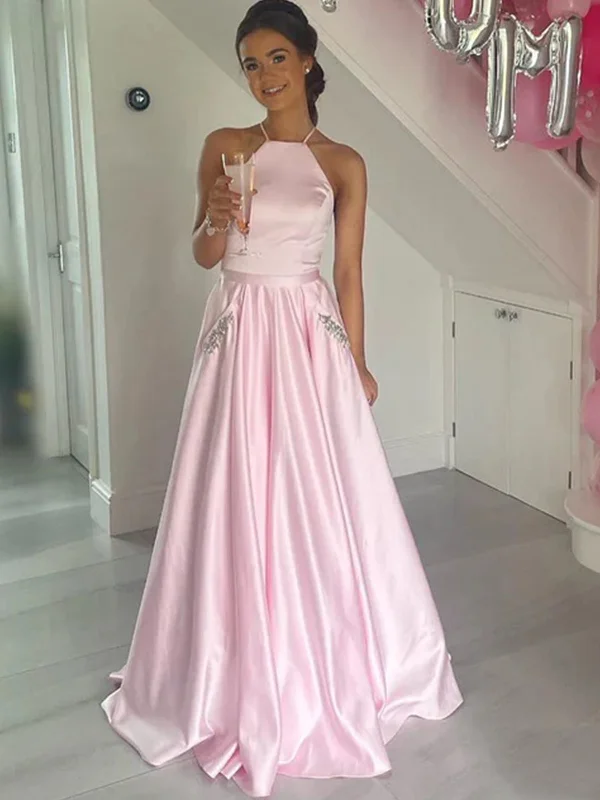 A Line Backless Pink Satin Long Prom Dresses with Pocket, Long Pink Formal Graduation Evening Dresses SP2420