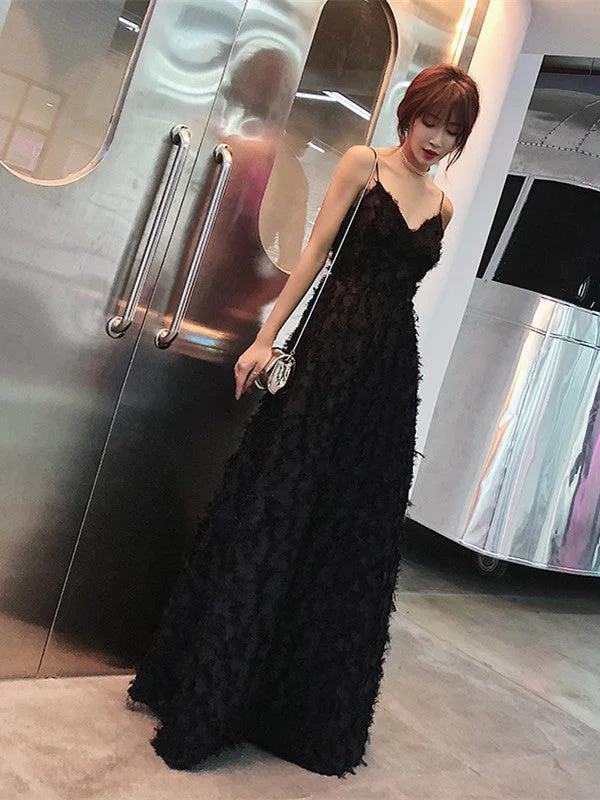 A Line V Neck Backless Black Lace Long Prom Dresses, Lace Black Formal Dresses, Evening Dresses