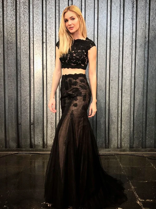 Cap Sleeves 2 Pieces Mermaid Black Lace Long Prom Dresses, Two Pieces Black Lace Formal Dresses, Black Lace Evening Dresses