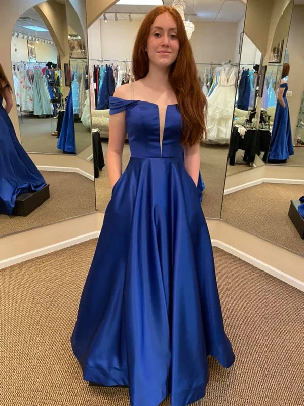 Off Shoulder Royal Blue Satin Long Prom Dresses with Pocket, Long Royal Blue Formal Graduation Evening Dresses SP2344