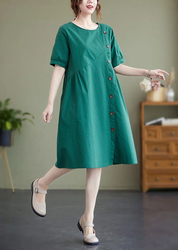 Elegant Green Patchwork Wrinkled Button Cotton Vacation Dresses Summer