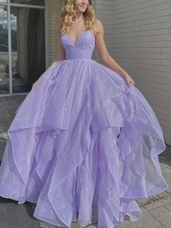 Shiny V Neck Purple Long Prom Dresses, Fluffy Purple Formal Evening Dresses, Sparkly Ball Gown