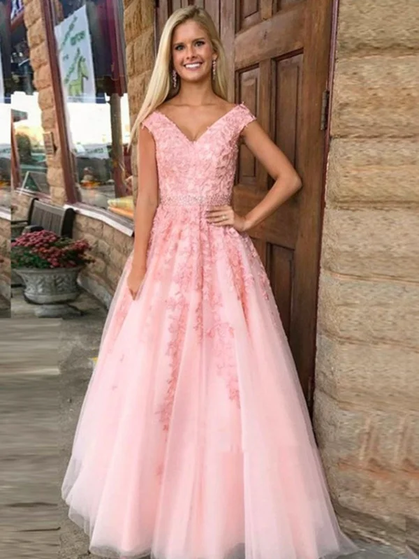 Pink A Line V Neck Lace Prom Dress, Pink Lace Formal Dress, Graduation Dress, Pink Evening Dress