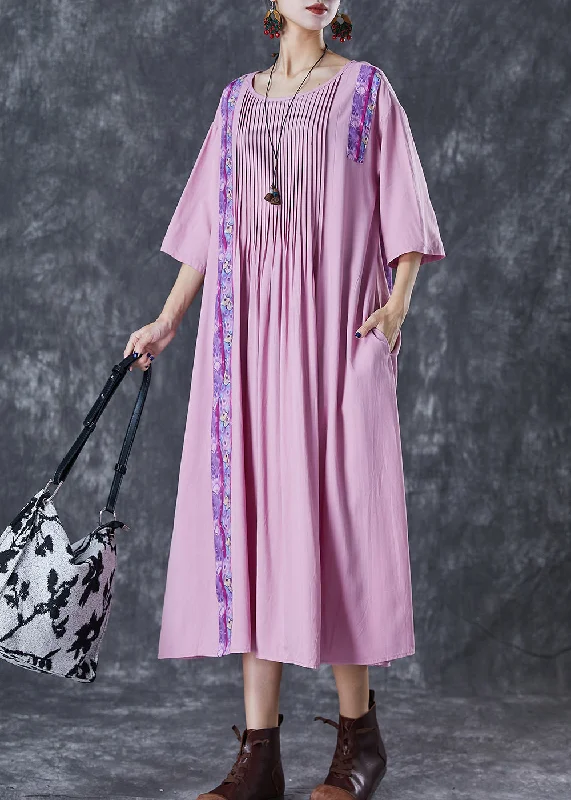 Elegant Light Purple Oversized Patchwork Wrinkled Linen Dress Half Sleeve