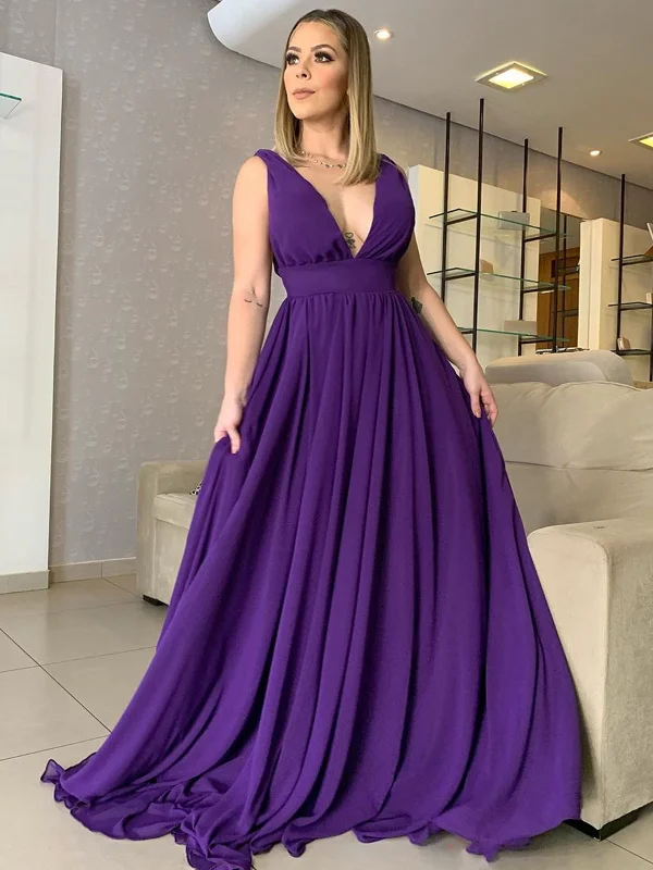 V Neck and V Back Purple Chiffon Long Prom Dresses, V Neck Purple Bridesmaid Dresses, Purple Formal Evening Dresses SP2256