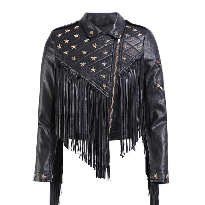 Gothic Metal Star Stud Zip Up Long Sleeve Fringe Vegan Leather Biker Jacket