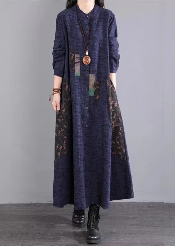 Navy Print Pockets Patchwork Cotton Long Dress Stand Collar Fall