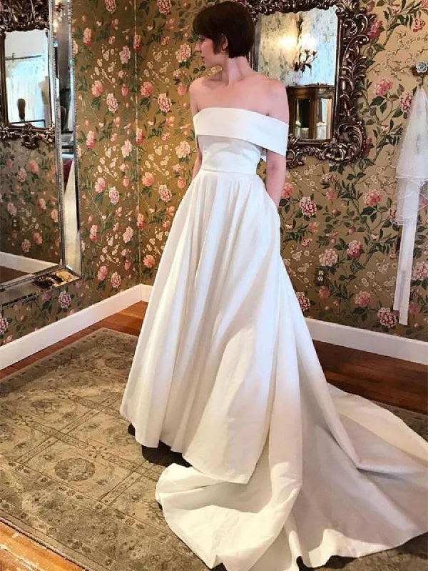 Off Shoulder White Satin Long Prom Dresses with Train, Off Shoulder White Wedding Dresses, White Formal Dresses, Evening Dresses