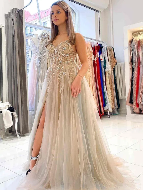 V Neck Open Back Gray Tulle Beaded Long Prom Dresses with High Slit, Beaded Gray Formal Evening Dresses SP2250