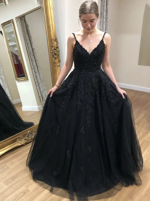 A Line V Neck Open Back Black Lace Long Prom Dresses, Black Lace Formal Dresses, Black Evening Dresses