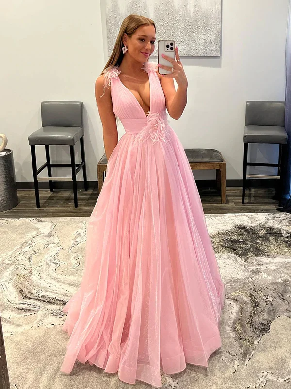 V Neck and V Back Pink Tulle Long Prom Dresses, V Neck Pink Formal Graduation Evening Dresses SP2380