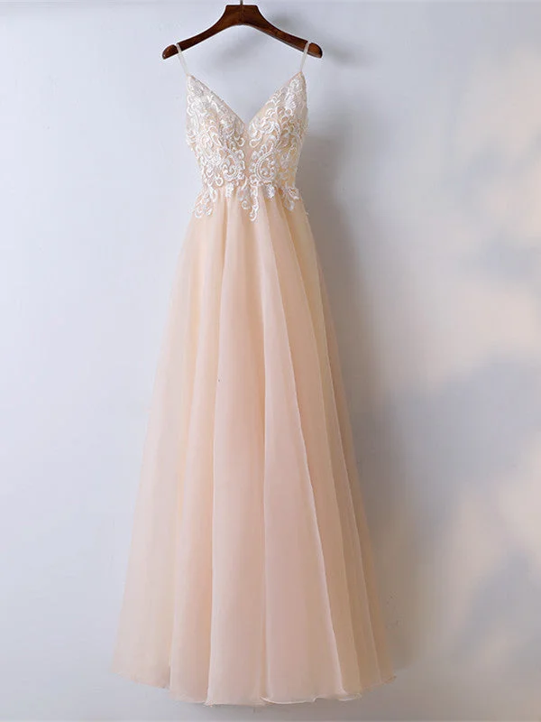 A Line Spaghetti Straps V Neck Lace Pink Prom Dresses, Pink Lace Formal Dresses, Evening Dresses