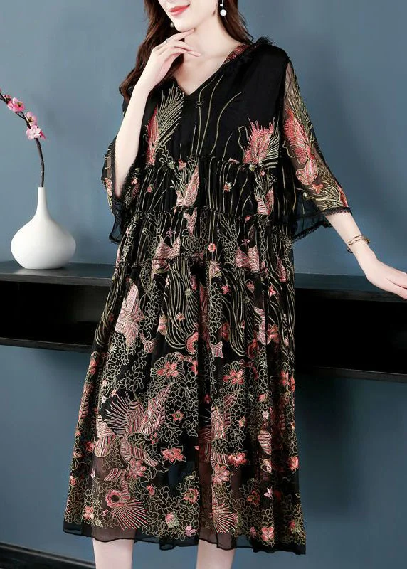 Women Black Hooded Embroideried Silk A Line Dress Summer