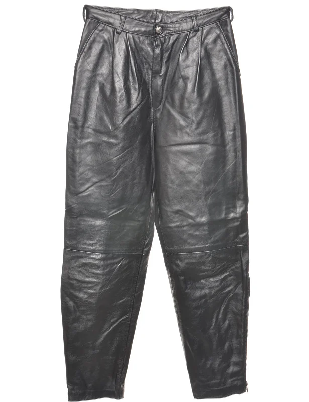 Leather Black  High Waisted Pleated Trousers - W27 L27