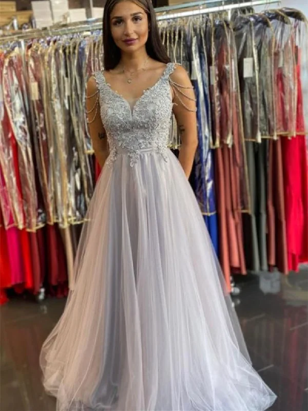 V Neck Open Back Gray Lace Long Prom Dresses, Long Grey Lace Formal Graduation Evening Dresses SP2137