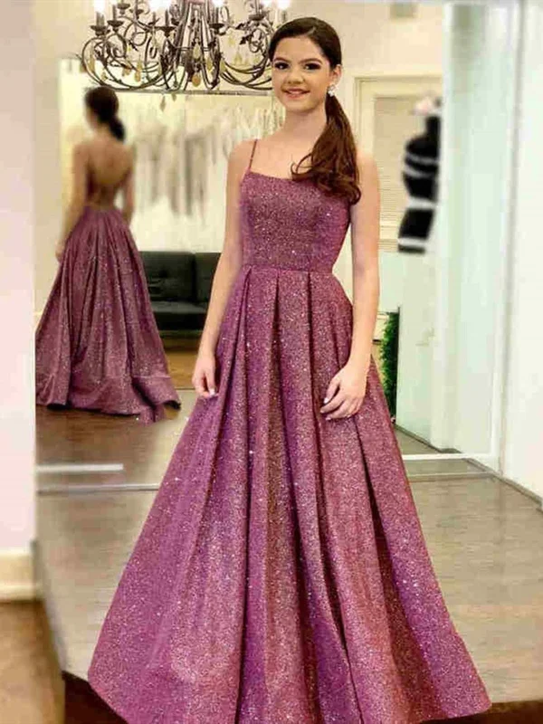 Shiny Open Back Purple Long Prom Dresses with Slit, Thin Strap Purple Long Formal Evening Dresses