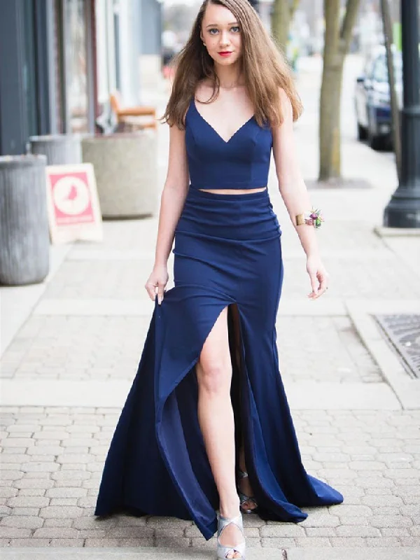 Simple V Neck Two Pieces Blue Prom Dresses with High Slit, Two Pieces Blue Formal Dresses, Evening Dresses