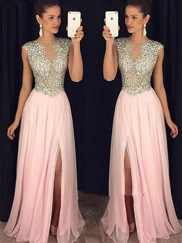 Pink Round Neck Sleeveless Chiffon Prom Dress, Pink Formal Dress, Pink Graduation Dress