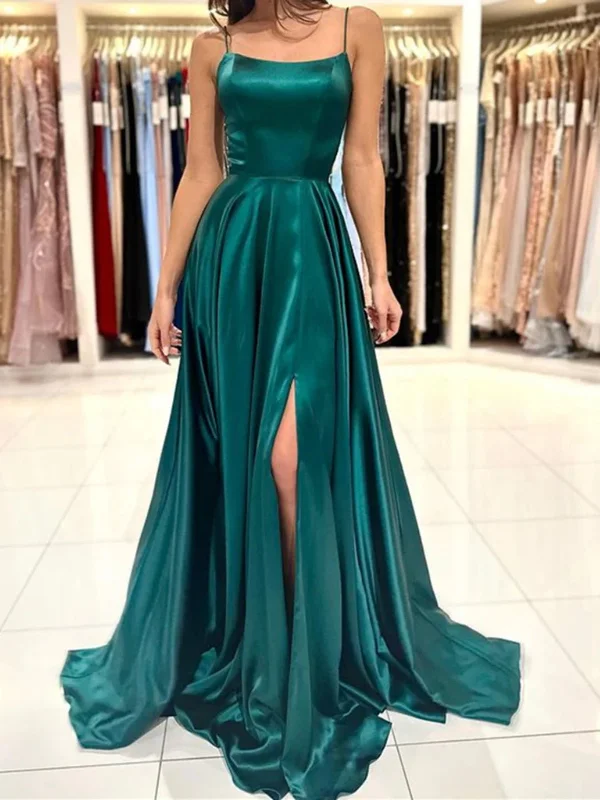 Simple Backless Dark Green Satin Long Prom Dresses with High Slit, Dark Green Formal Graduation Evening Dresses SP2545