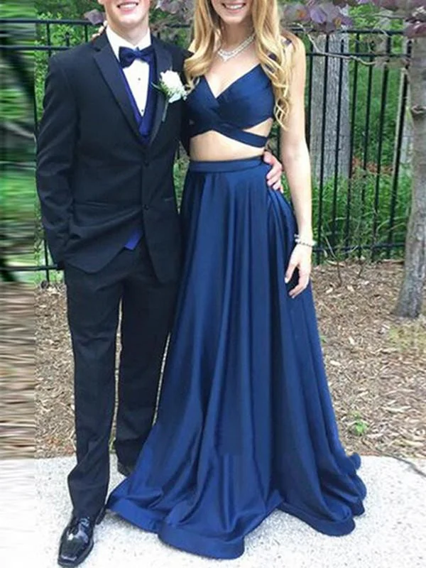 Custom Made 2 Pieces Navy Blue Prom Dresses, 2 Pieces Navy Blue Formal Dresses