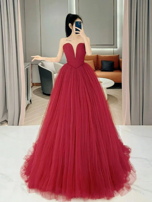 Strapless V Neck Burgundy Tulle Long Prom Dresses, Strapless Burgundy Formal Dresses, Burgundy Evening Dresses SP2558