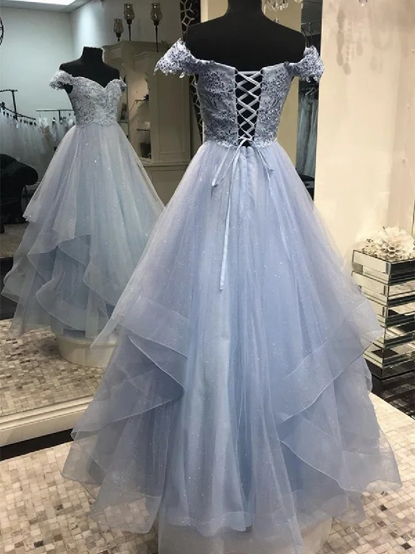 Sparkly Off Shoulder Blue Lace Long Prom Dresses, Off the Shoulder Blue Formal Dresses, Blue Lace Evening Dresses