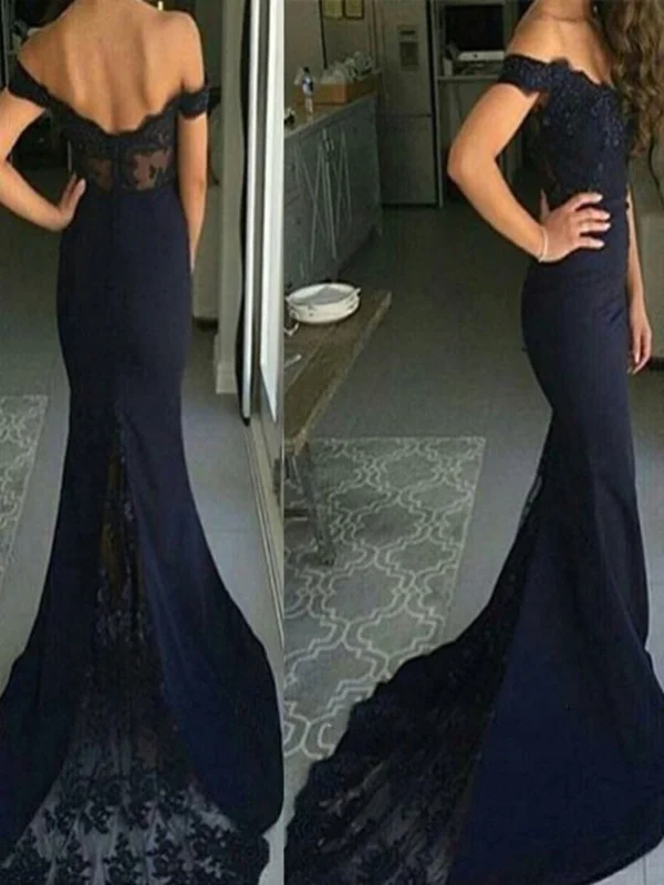 Navy Blue Off Shoulder Mermaid Lace Prom Dress, Navy Blue Lace Formal Dress, Navy Blue Lace Bridesmaid Dress