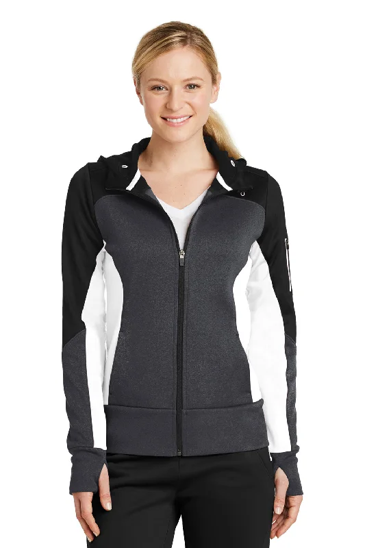 Sport-Tek Womens Moisture Wicking Full Zip Tech Fleece Hooded Jacket - Black/Heather Graphite Grey/White - Closeout