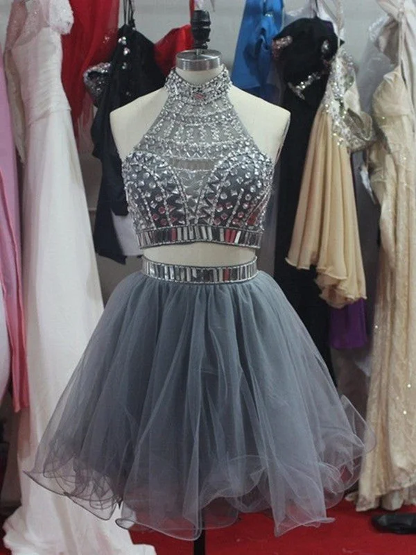 Custom Made A Line Two Pieces Short Grey Prom Dresses, Short Homecoming Dresses