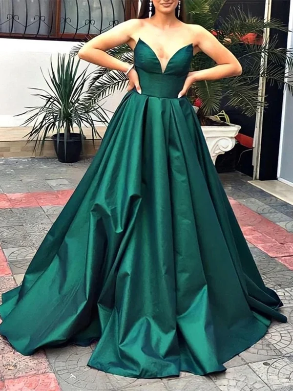 V Neck Strapless Green Satin Long Prom Dresses, V Neck Green Formal Graduation Evening Dresses SP2268