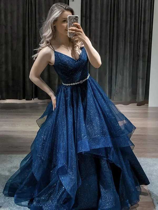 Shiny V Neck Navy Blue Long Prom Dresses with Belt, Fluffy Navy Blue Formal Dresses, Sparkly Blue Evening Dresses