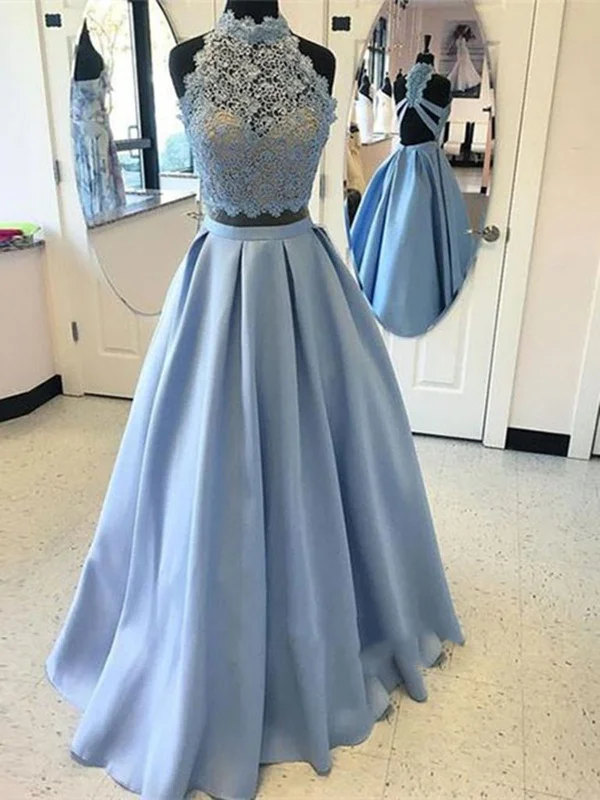 Blue A Line High Neck 2 Pieces Lace Prom Dresses, 2 Pieces Lace Formal Dresses, Graduation Dresses