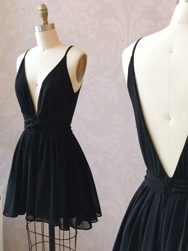 Simple A Line V Neck and V Back Black Short Prom Homecoming Dresses, Cute V Neck Black Formal Graduation Evening Dresses