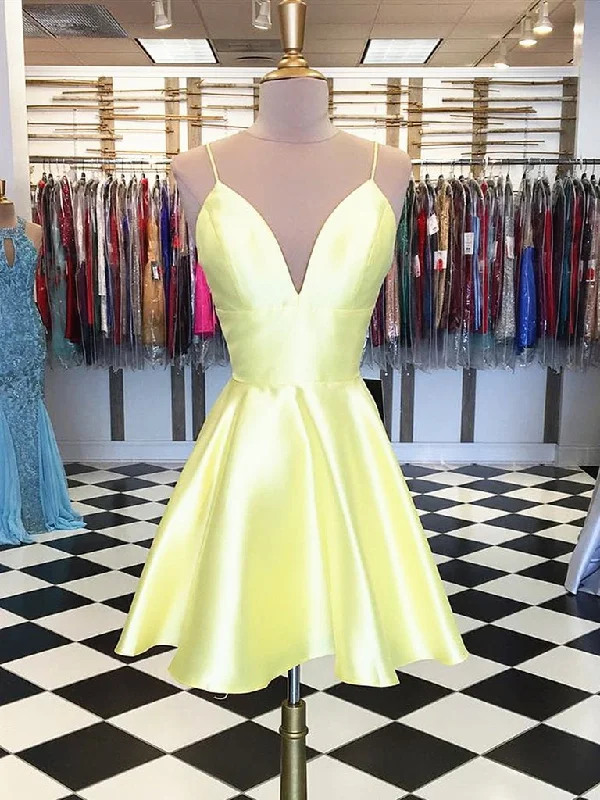 Simple A Line V Neck Yellow Homecoming Dresses Short Prom Dresses, Yellow Graduation Dresses, Formal Dresses, Evening Dresses