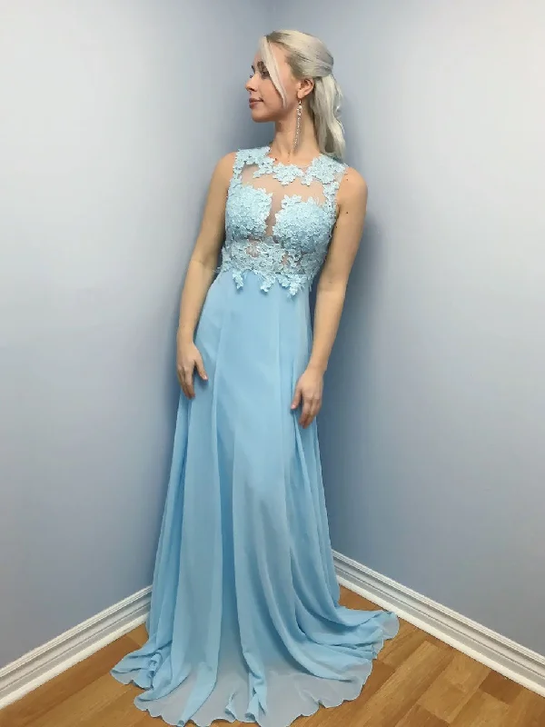 Elegant Sky Blue A Line Lace Long Prom Dresses, Sky Blue Lace Formal Graduation Evening Dresses