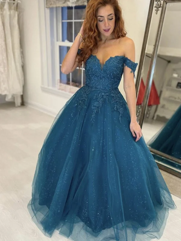 Shiny Off Shoulder Blue Lace Long Prom Dresses, Sparkly Blue Lace Formal Evening Dresses