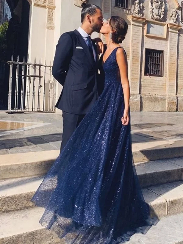 Shiny A Line V Neck and V Back Navy Blue Long Prom Dresses, Sparkly V Neck Backless Navy Blue Formal Graduation Evening Dresses