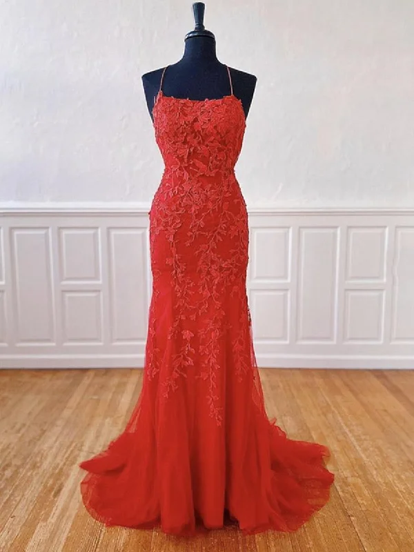 Backless Mermaid Long Red Lace Prom Dresses, Mermaid Red Lace Formal Dresses, Red Lace Evening Dresses