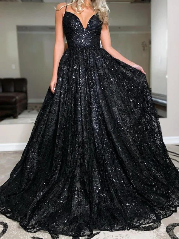 Shiny V Neck Open Back Black Long Prom Dresses, Backless Black Formal Dresses, Sparkly Black Evening Dresses