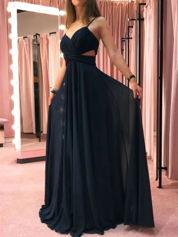 Simple A Line V Neck Black Chiffon Long Prom Dresses, V Neck Black Formal Graduation Evening Dresses